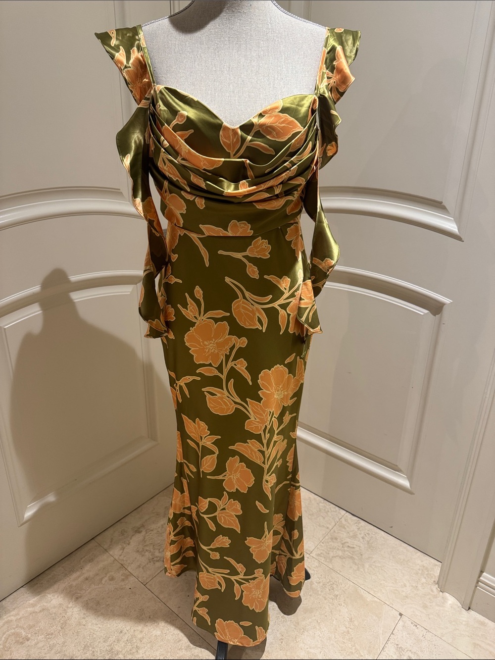 Olive Green Floral Midi Dress with Peach Blooms
